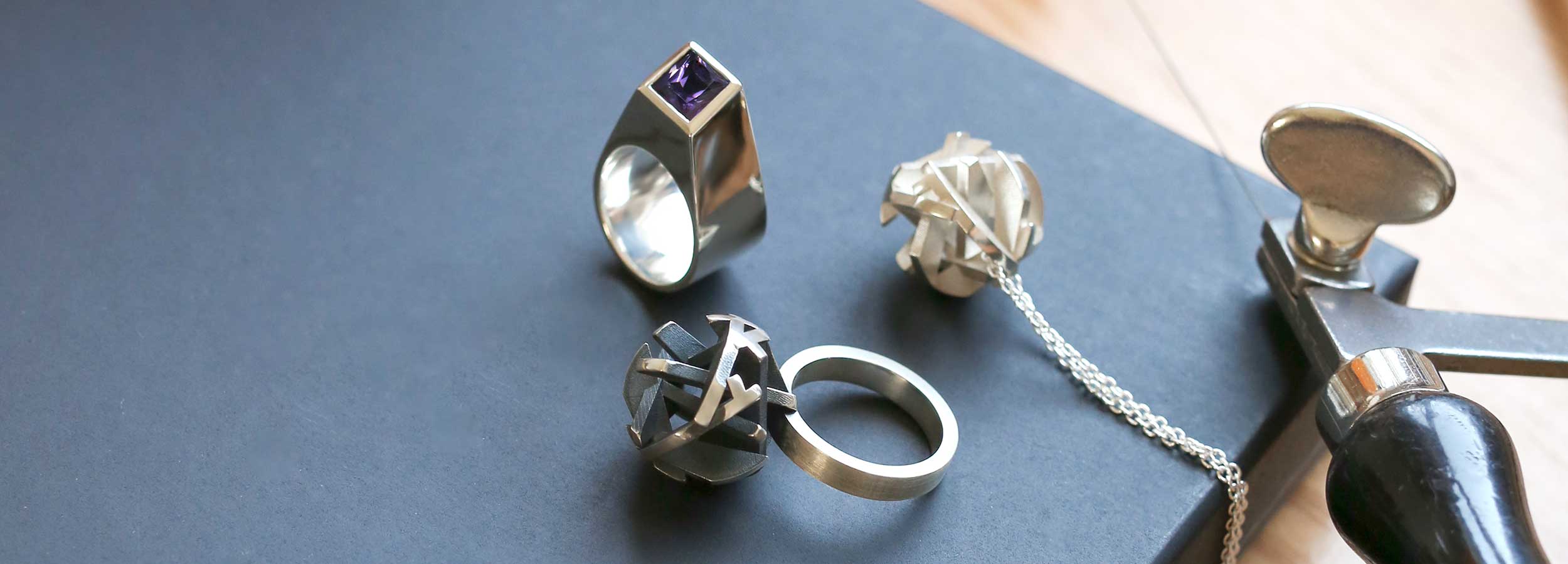 3D printed silver ring and statement geometric amethyst ring