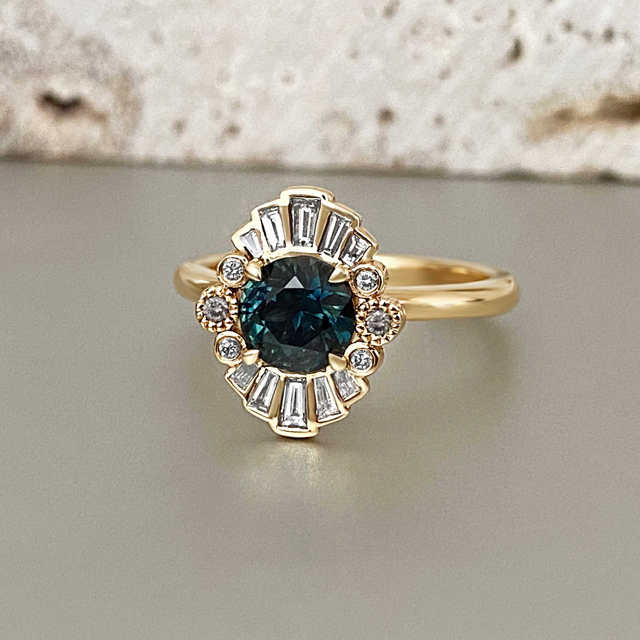 Blue green Australian sapphire baguette halo ring
