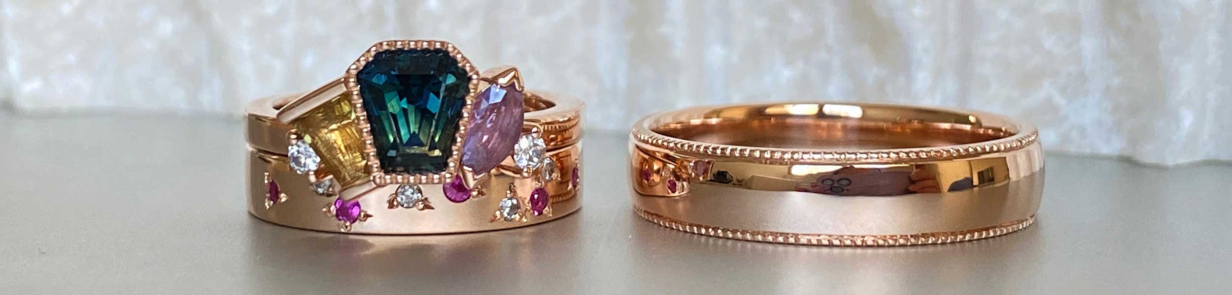 Alternative engagement rings and rainbow sapphires in a gothic coffin design