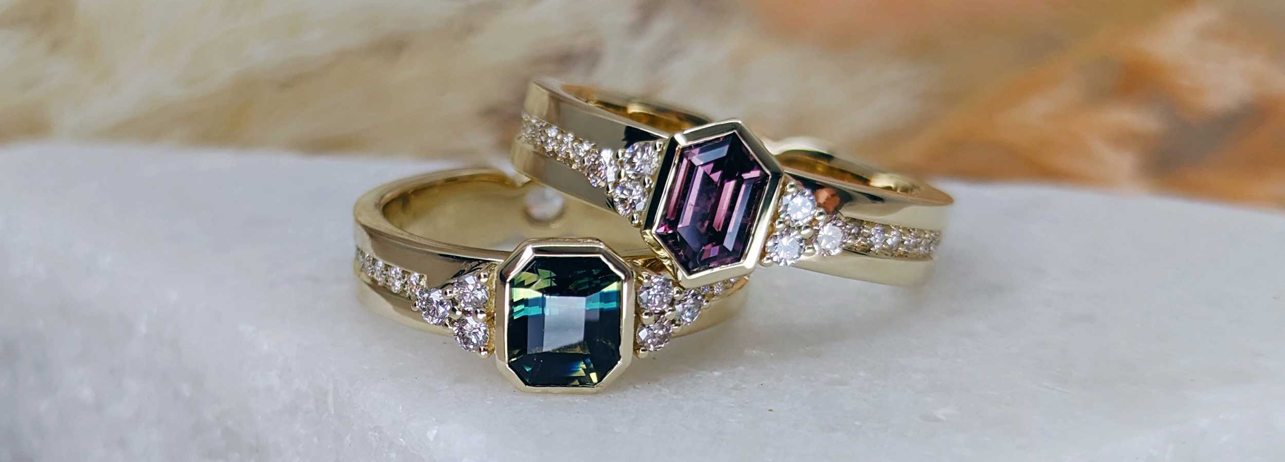 Non traditional parti sapphire hers and hers unique engagement and wedding rings