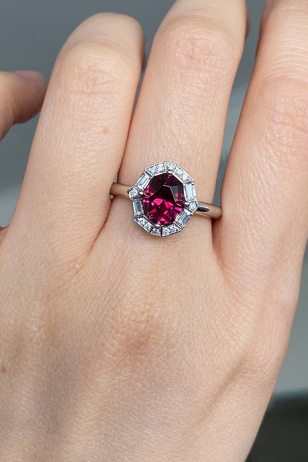 Garnet platinum and diamond geometric ring
