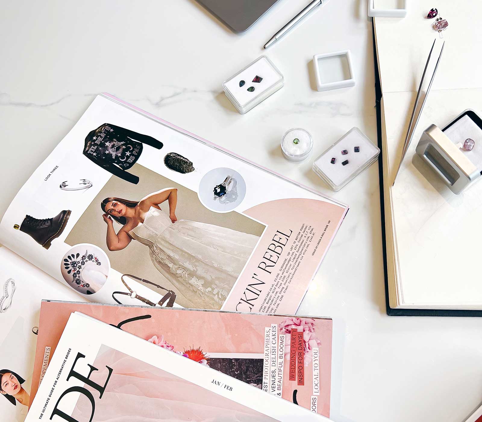 Gemstones and wedding magazines for custom jewellery design consult