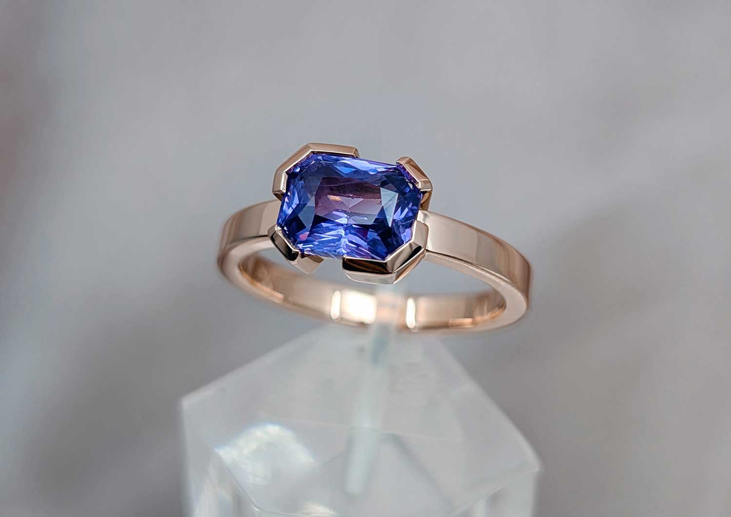 Rose gold ring with violet sapphire, made in Sydney CBD