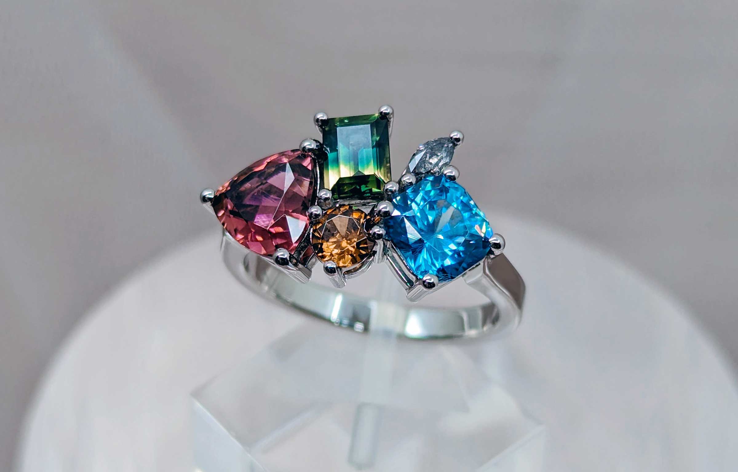 Australian sapphire, zircon, salt and pepper diamond engagement ring designed in Rosebery, Sydney