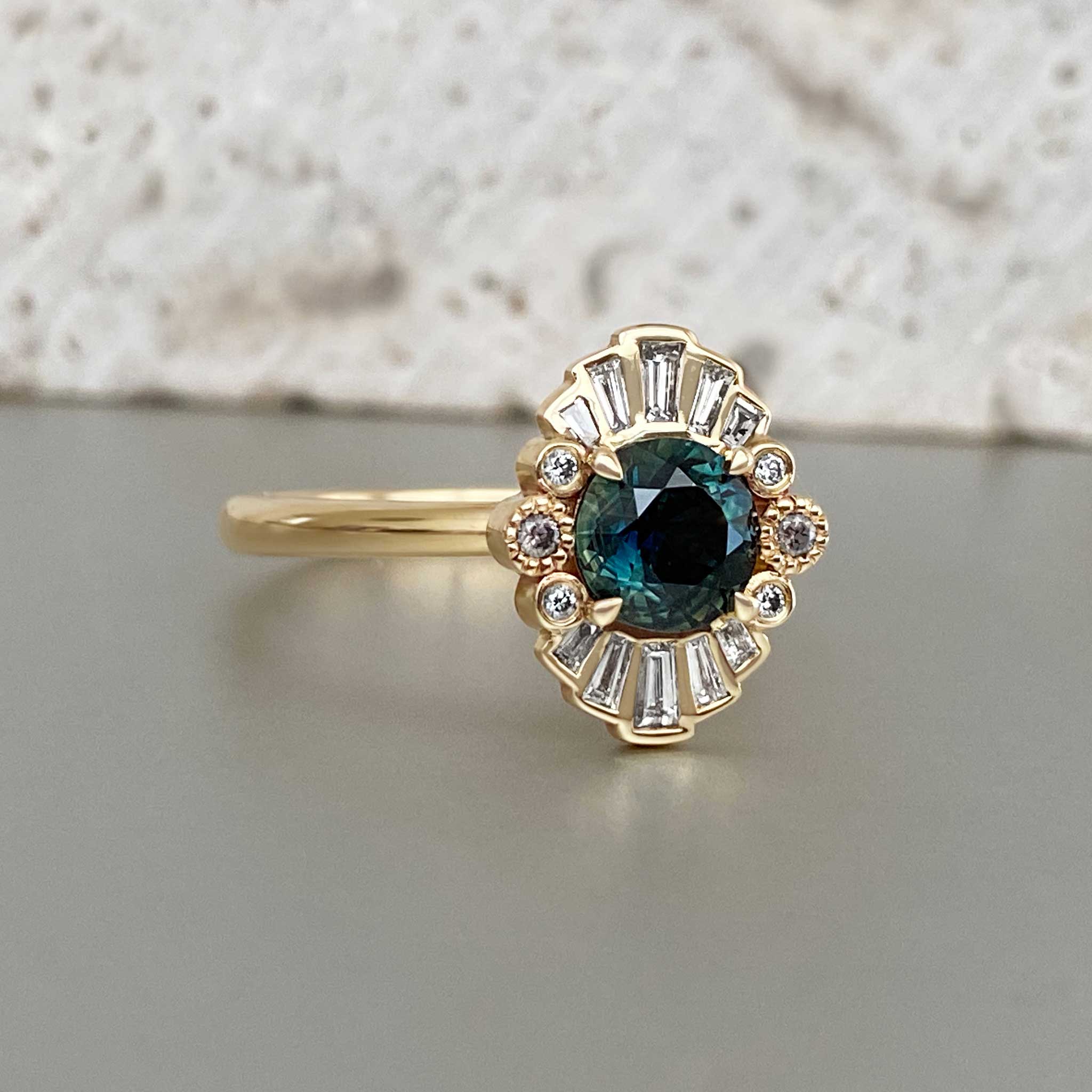 Statement gold, sapphire and diamond engagement ring