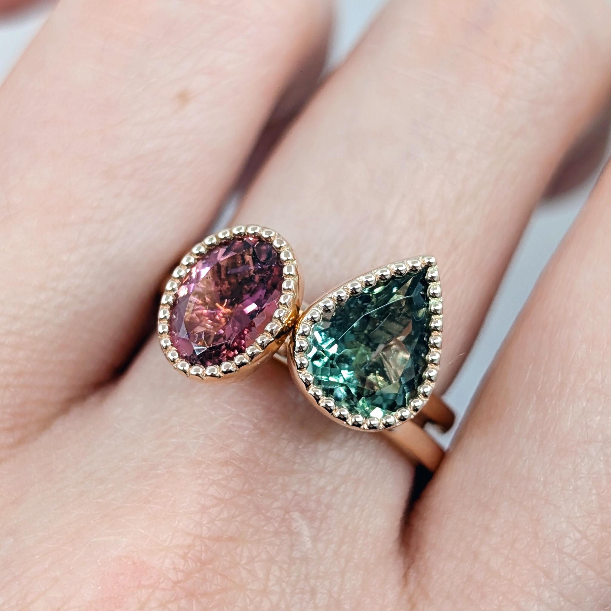 Green and pink tourmaline milgrain ring stack