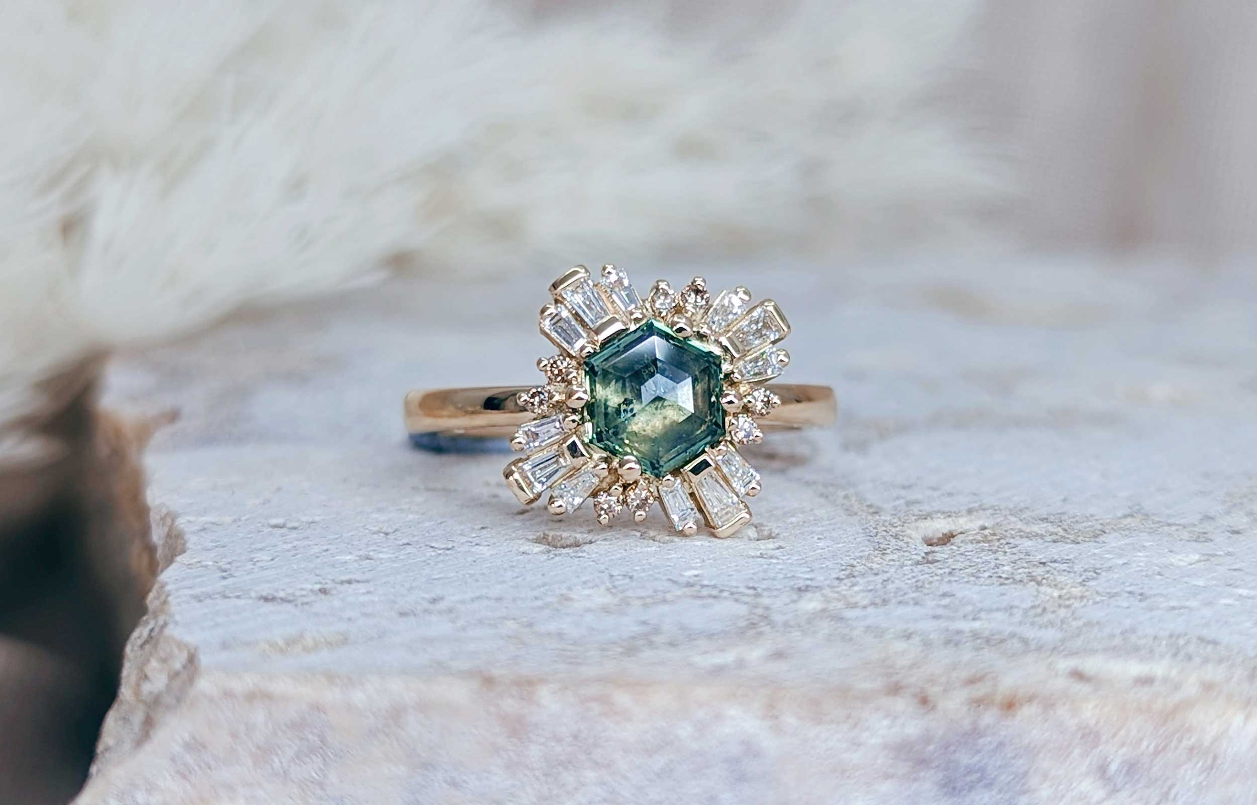 Hexagon green sapphire and diamond engagement ring