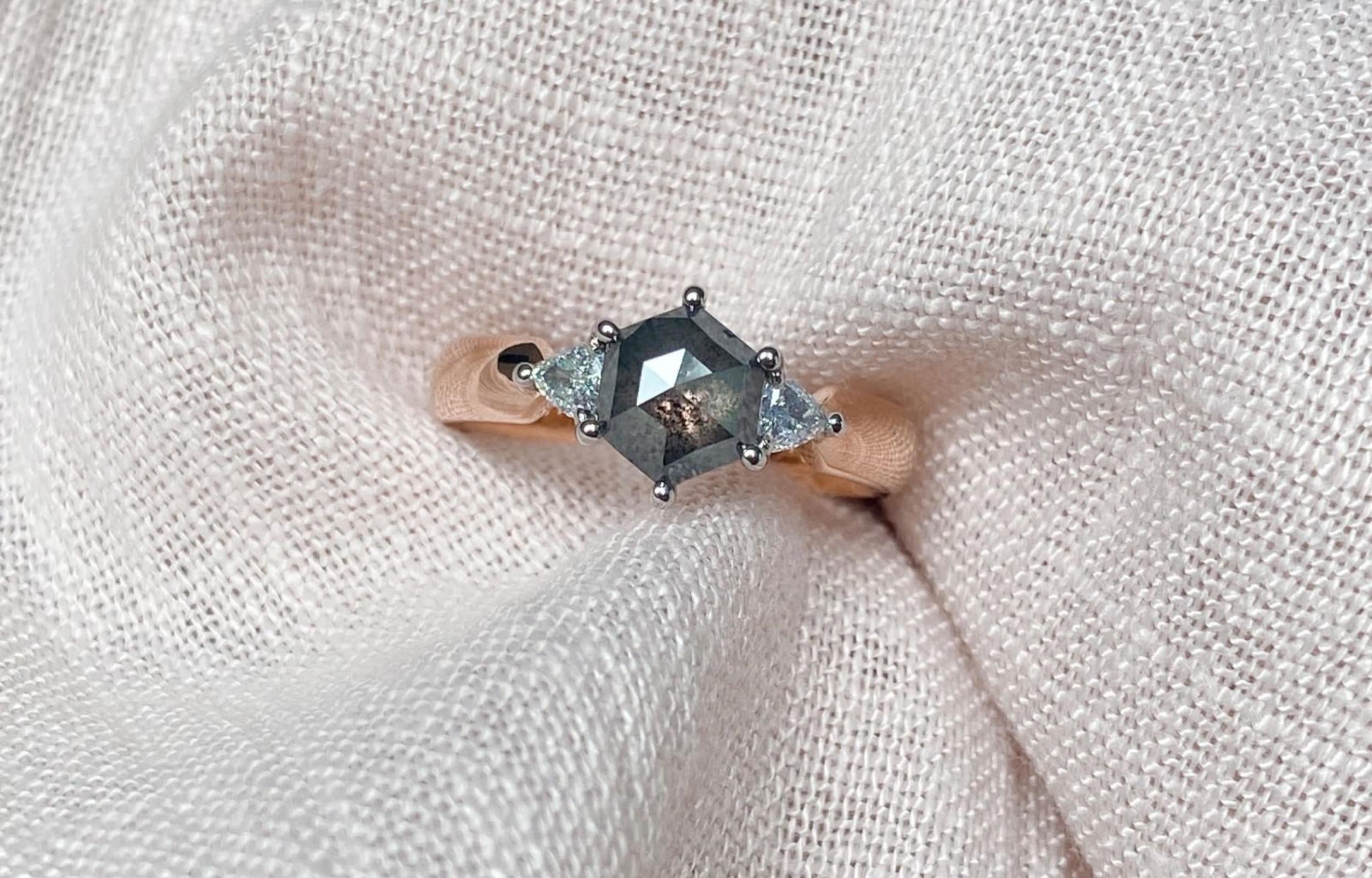 Hexagon salt and pepper diamond engagement ring