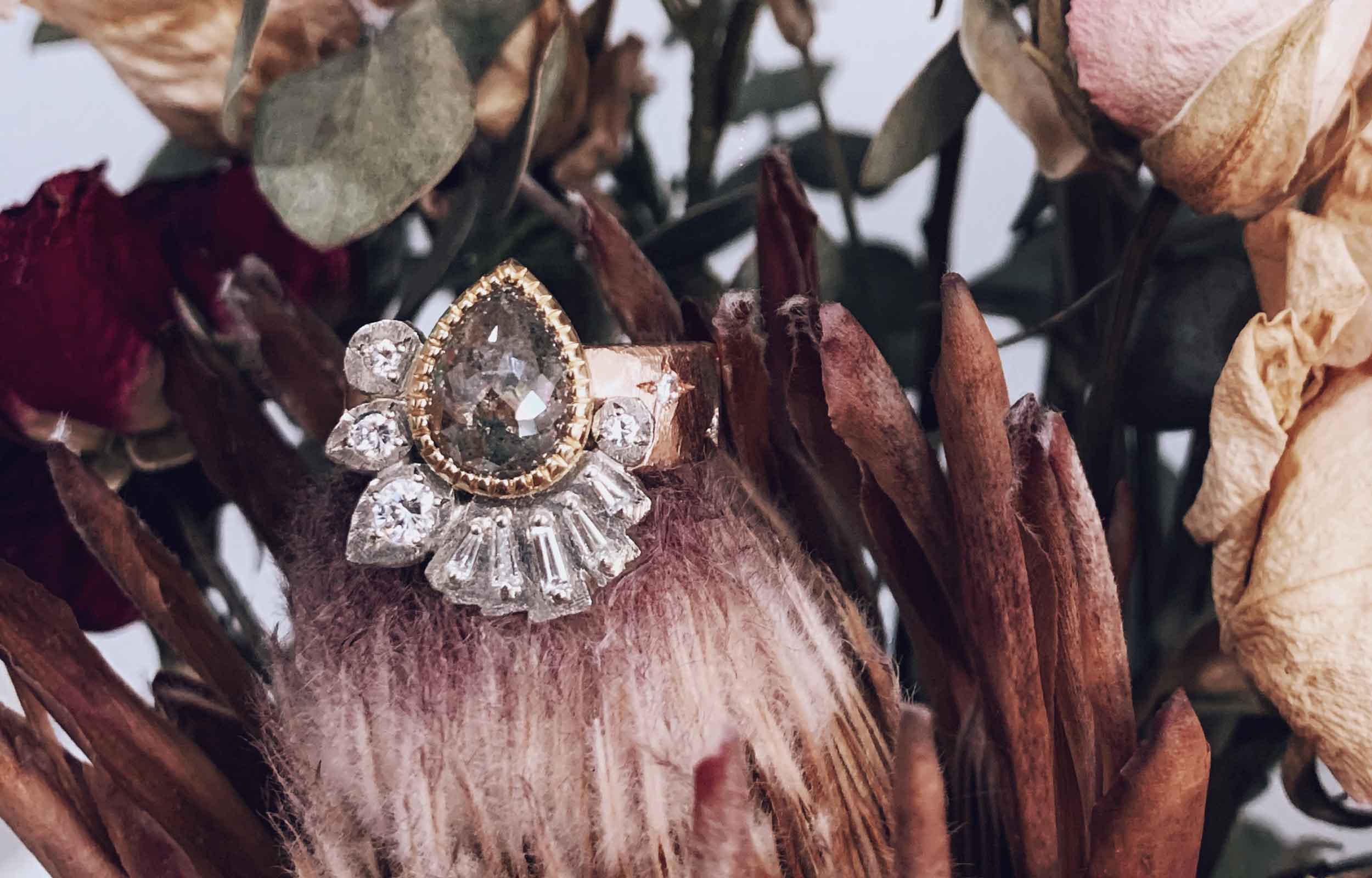 Rustic pear salt and pepper diamond ring with heirloom diamonds