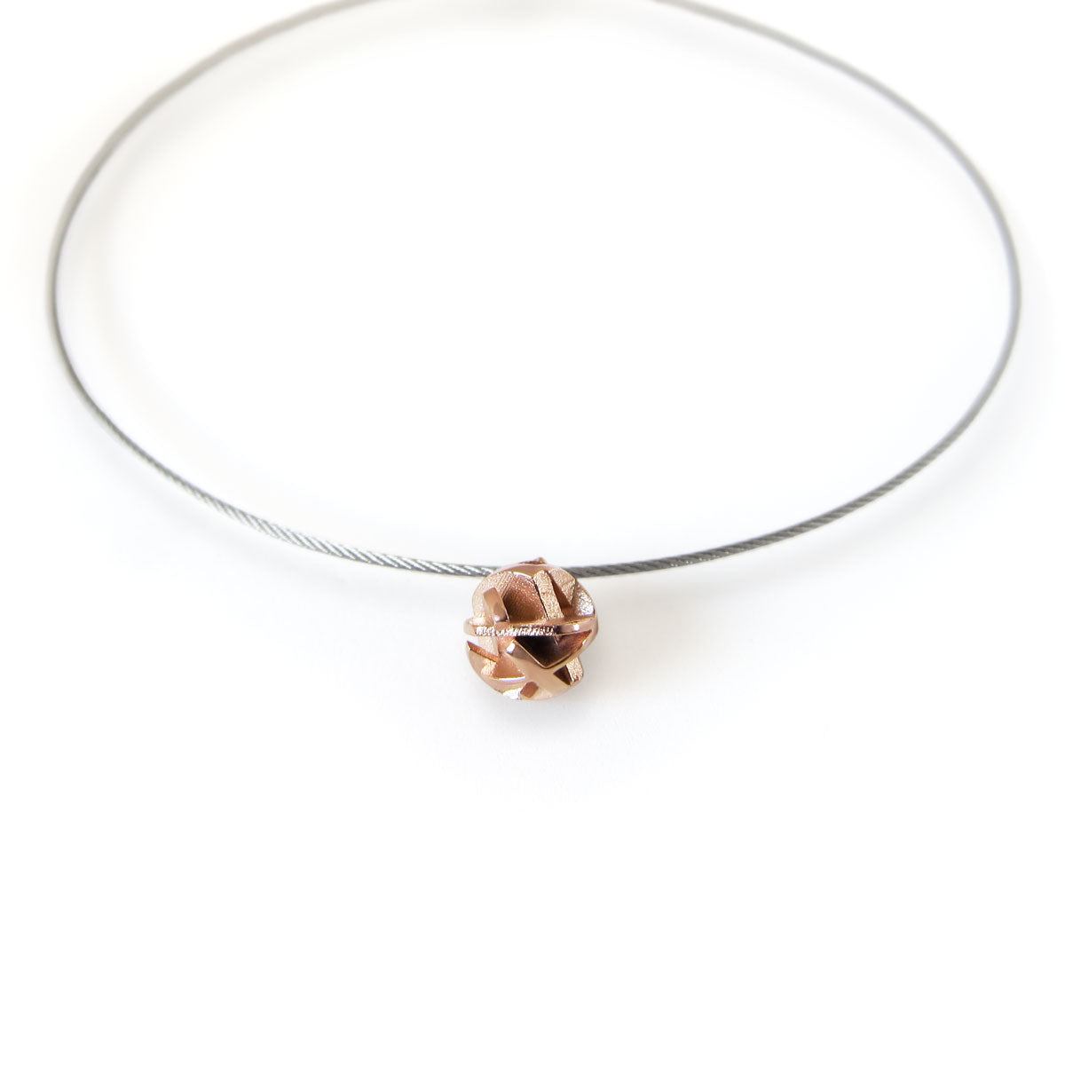 3D printed rose gold ball necklace on stainless steel cable