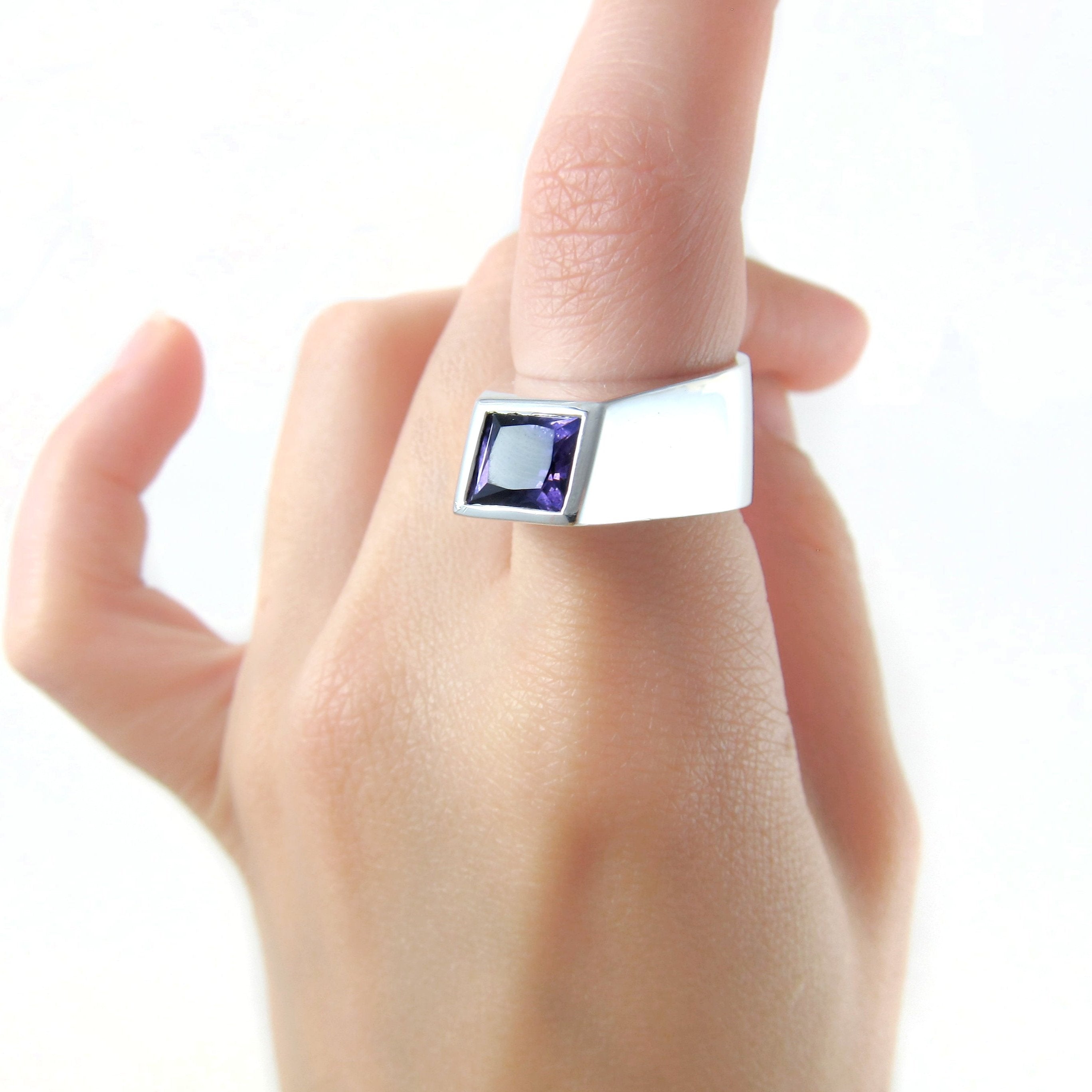 Angle amethyst ring worn