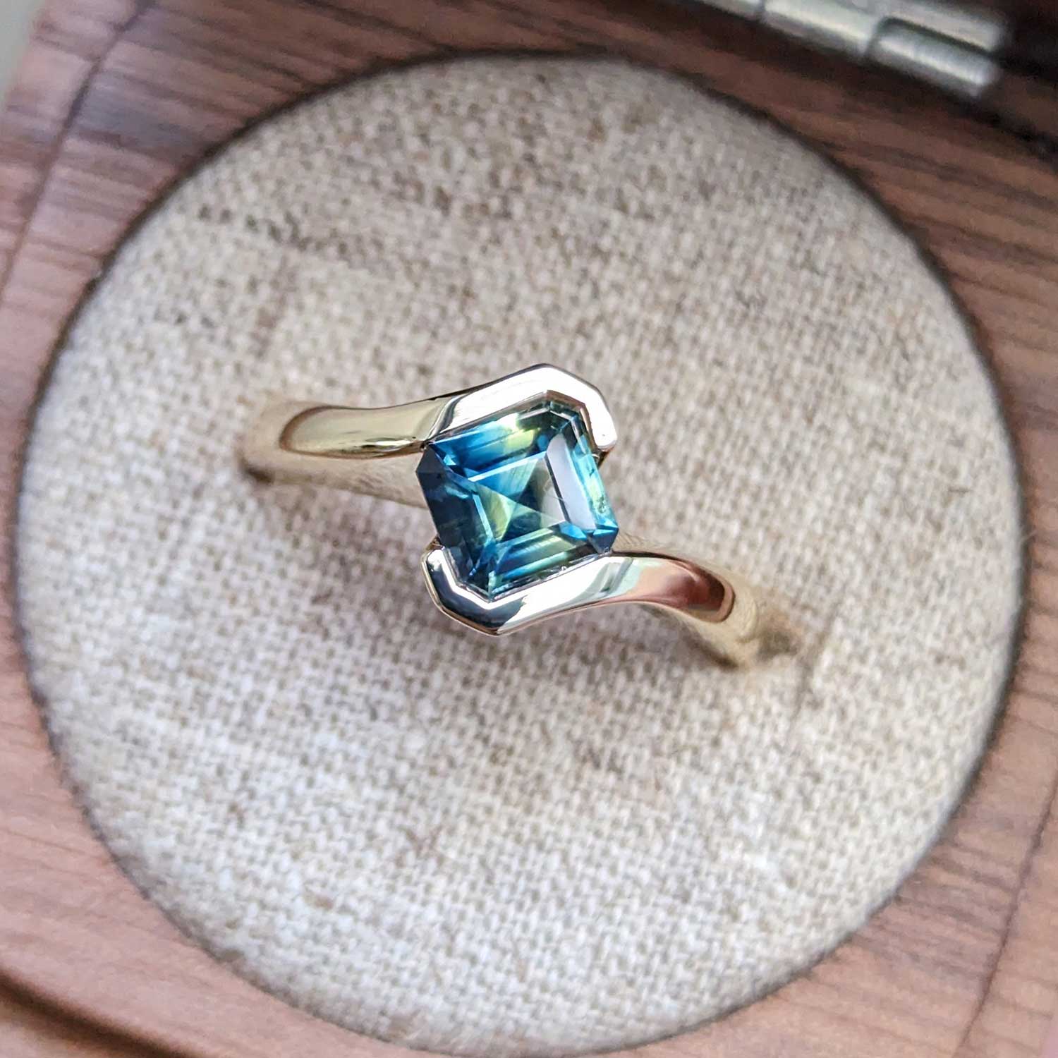 Custom made asscher sapphire and gold ring