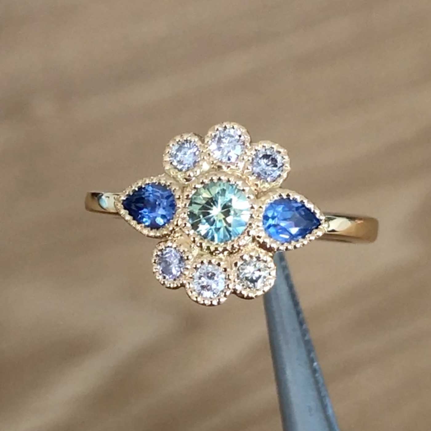 Remodelled Australian sapphire ring with preloved diamonds, gold and milgrain