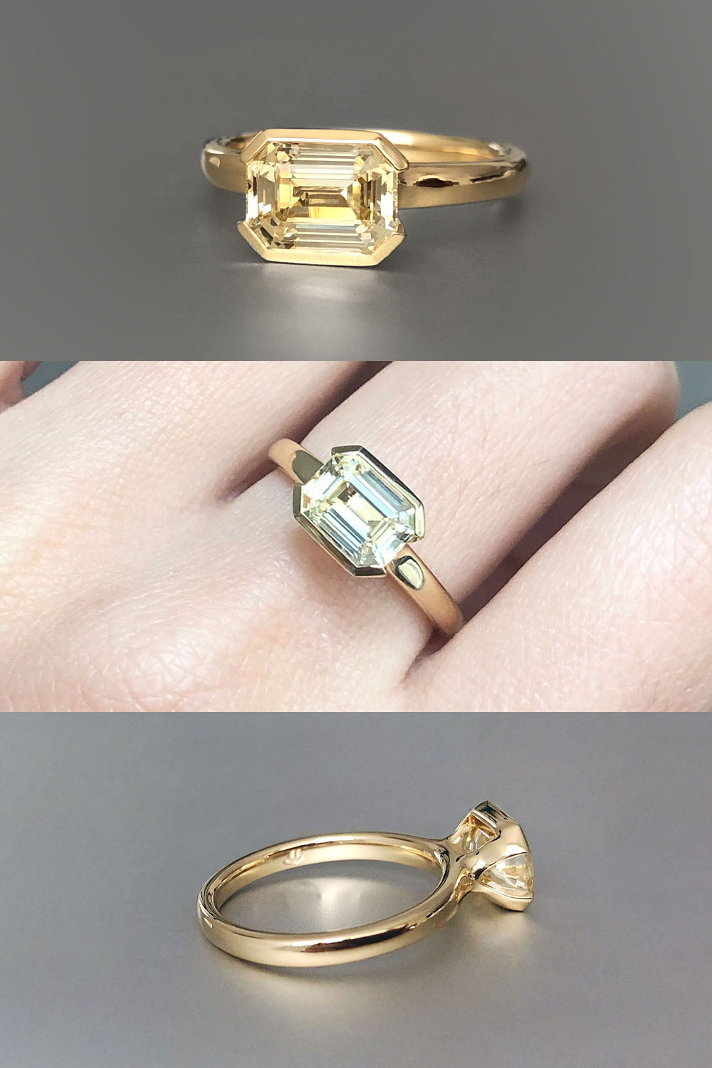 Emerald cut yellow sapphire ring grey