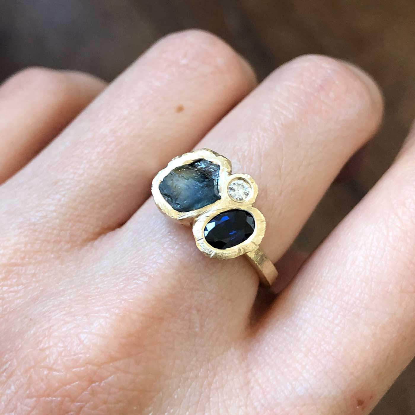 Eco friendly recycled gold ring with rough Australian sapphire and heirloom diamonds