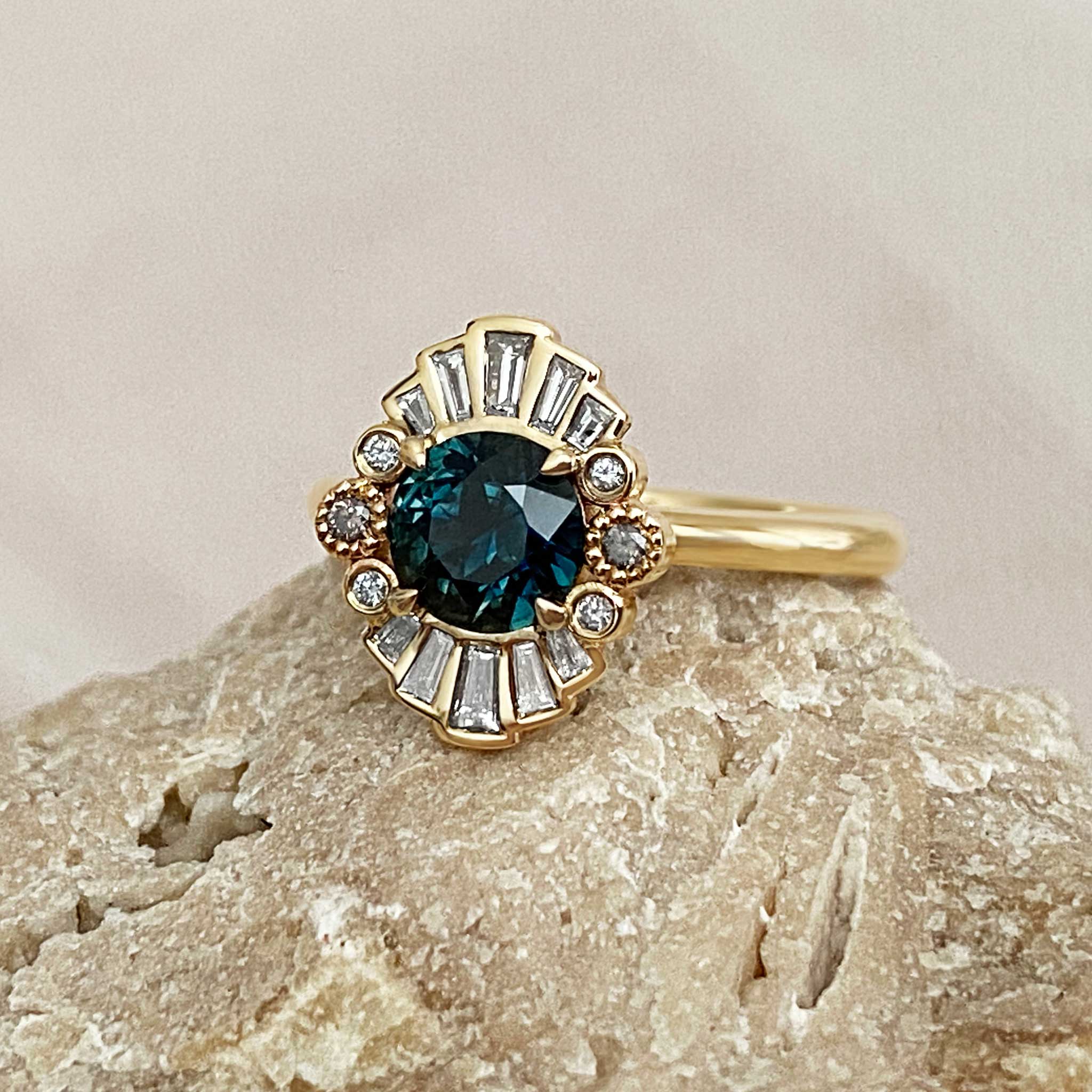 Green blue Australian sapphire ethical engagement ring