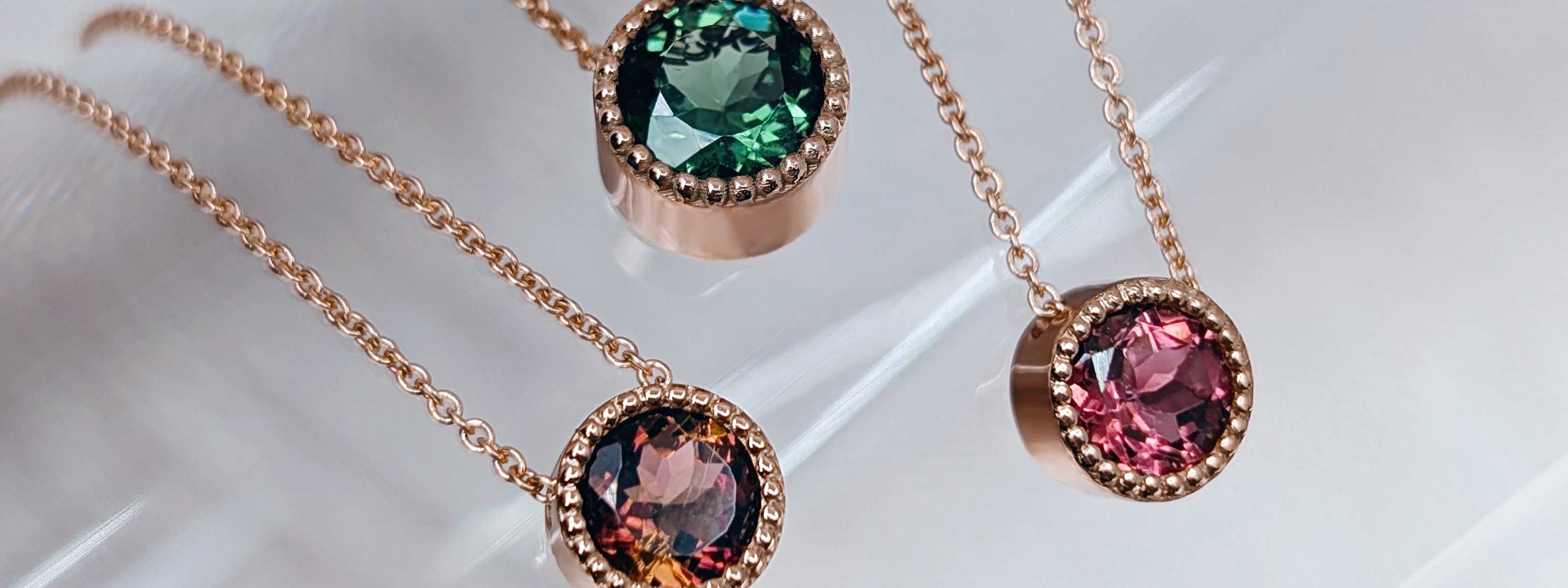 Green, pink and bicolour tourmalines by Fairina Cheng, jewellery designer in Sydney, Australia