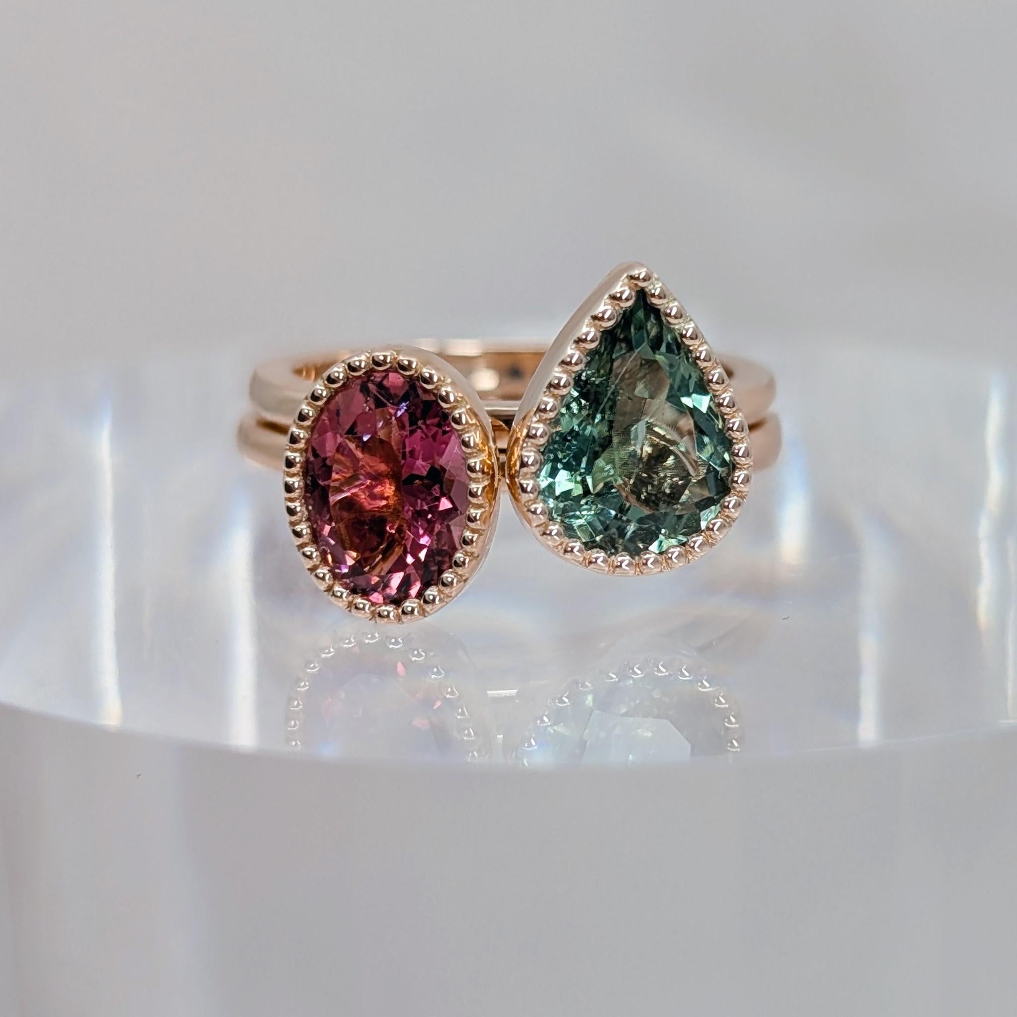 green and pink tourmaline milgrain ring stack