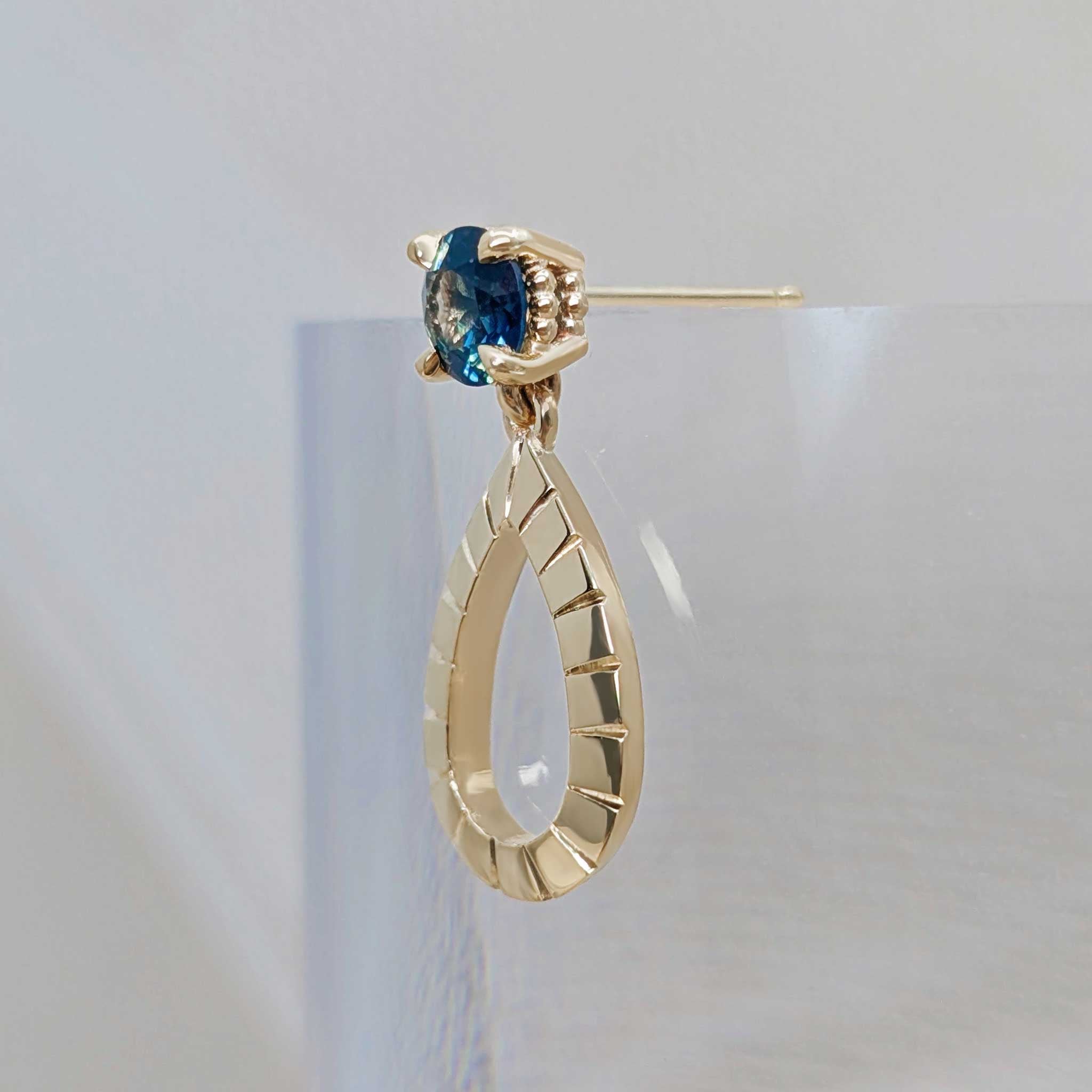 Hand engraved blue and gold drop earrings