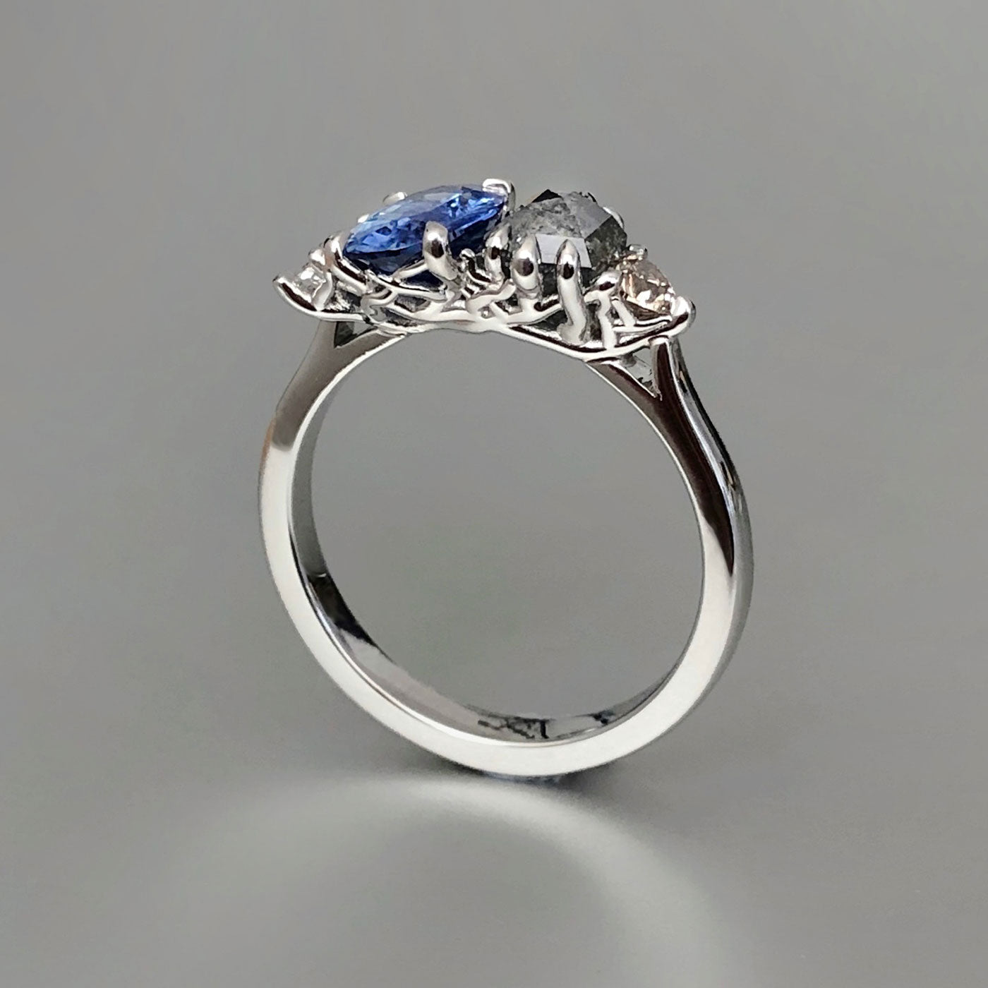 Hexagon salt and pepper diamond, Ceylon sapphire coral ring in platinum