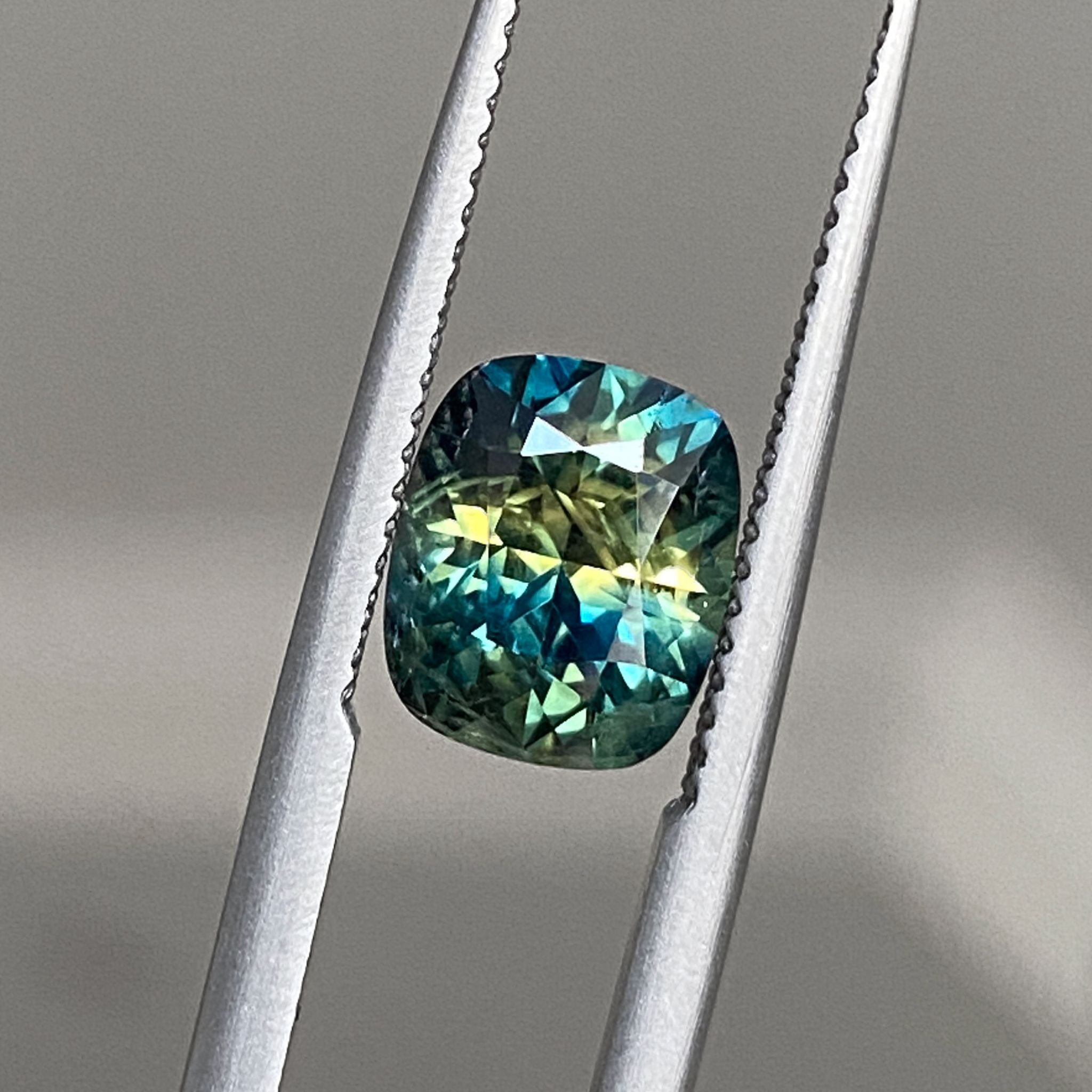Close-up of Midnight Muse sapphire  with blue and yellow zoning in tweezers