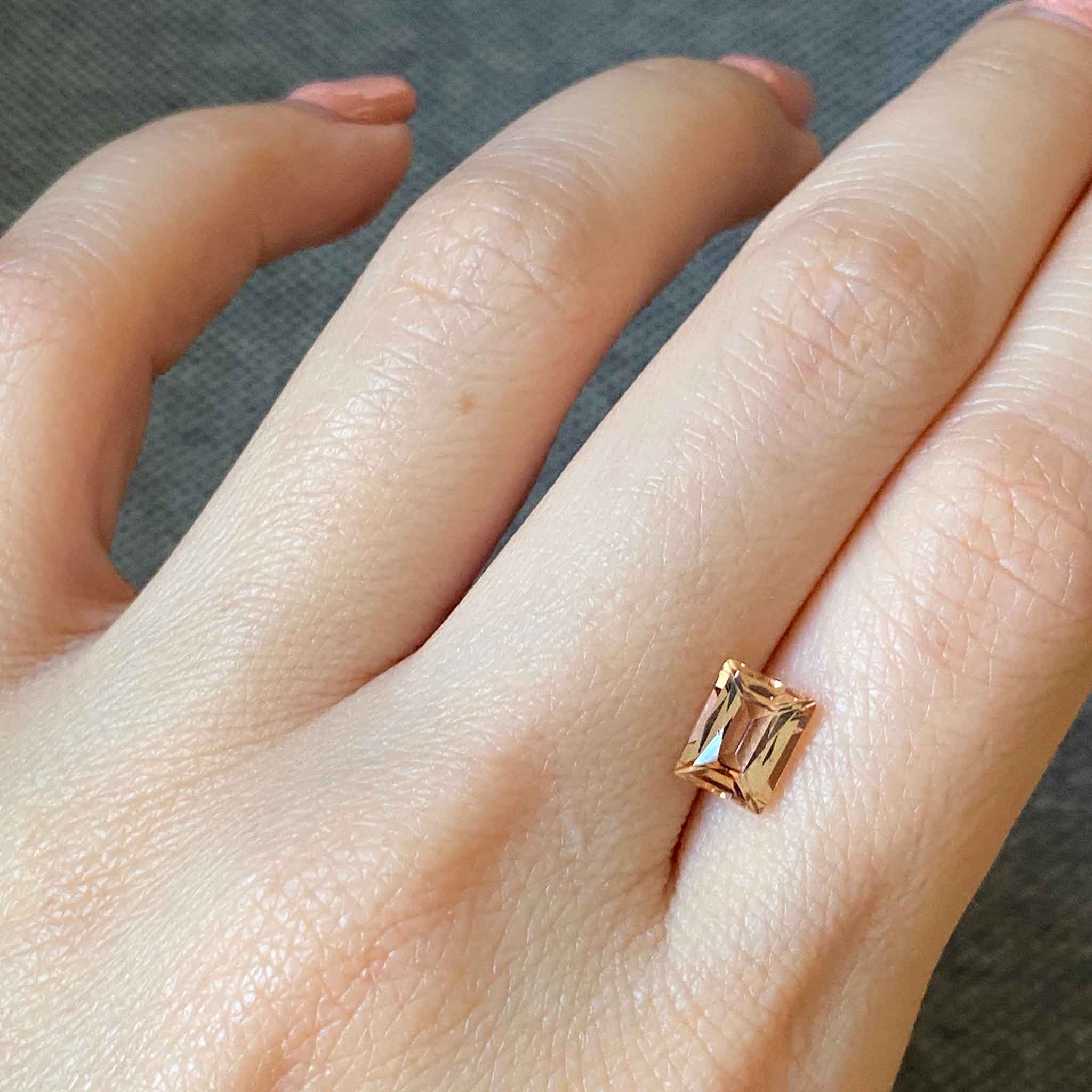 Peach baguette tourmaline for geometric ring