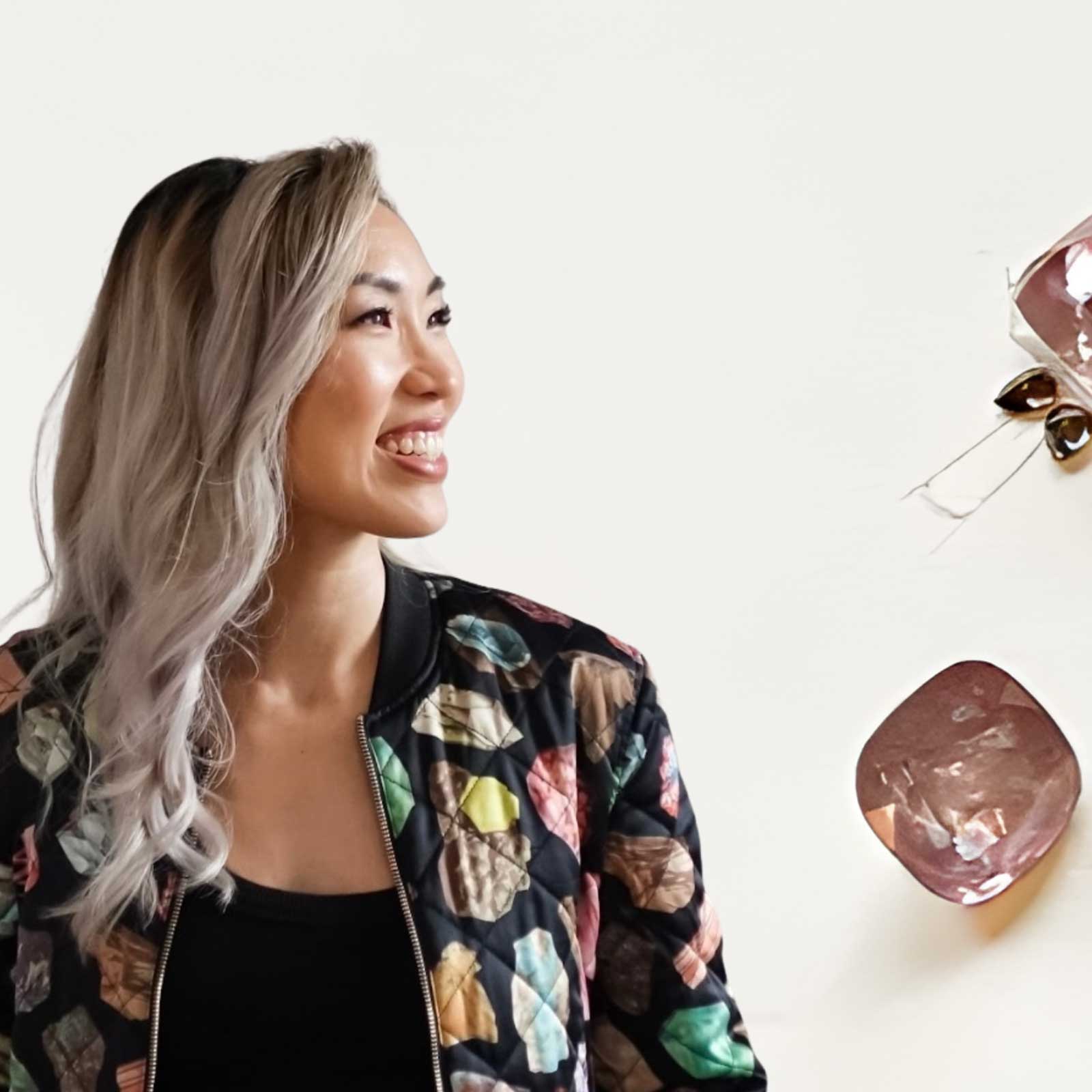 Fairina Cheng with colourful gemstone jacket