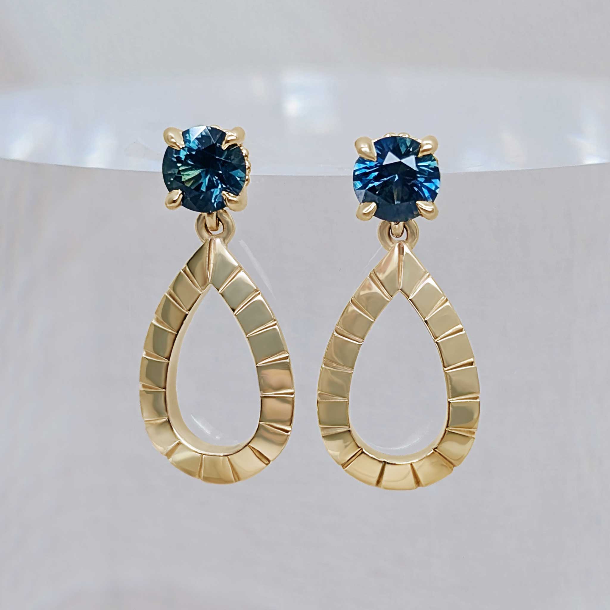 Teal Australian sapphire dangly gold earrings