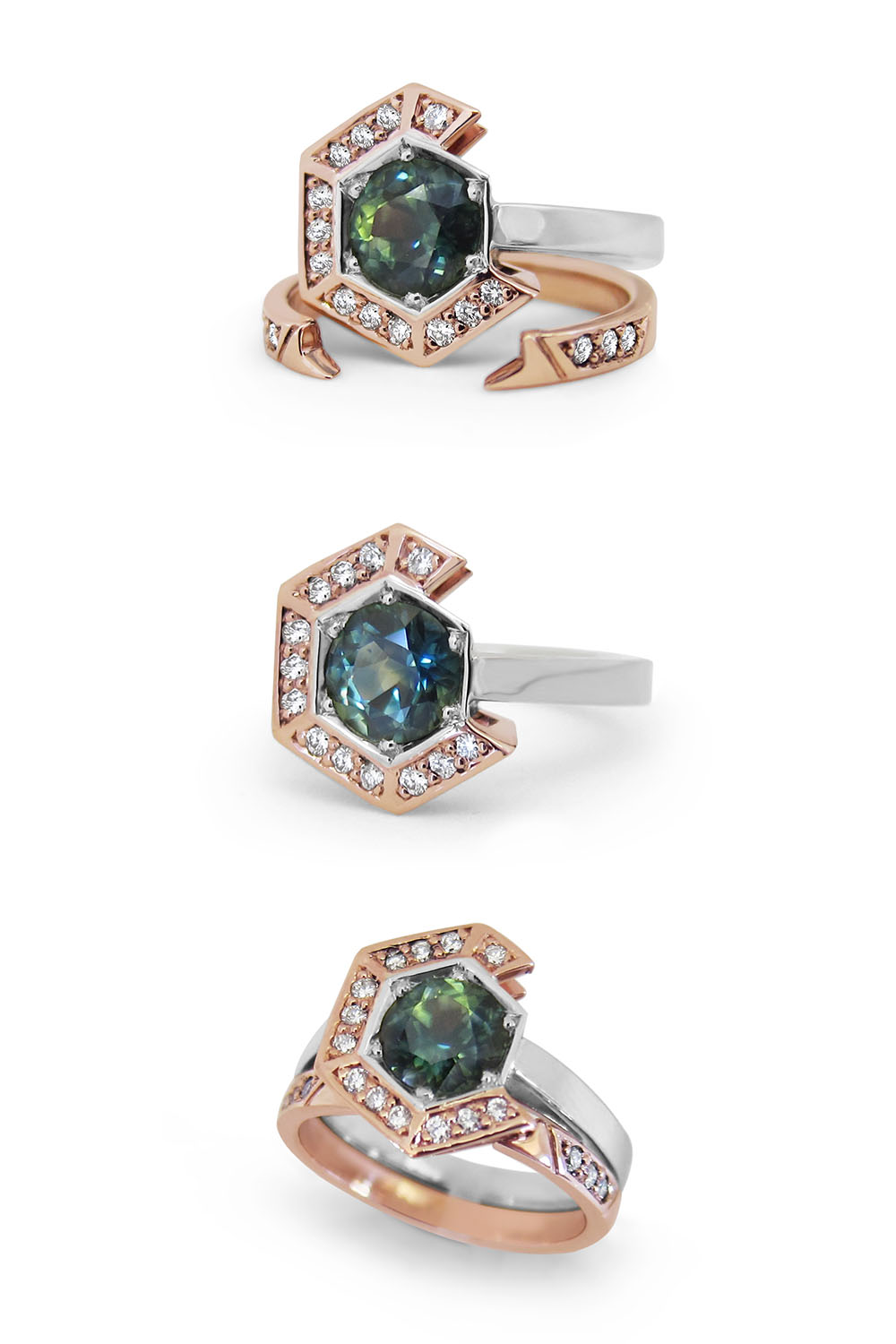 Teal sapphire rose gold and white gold ring