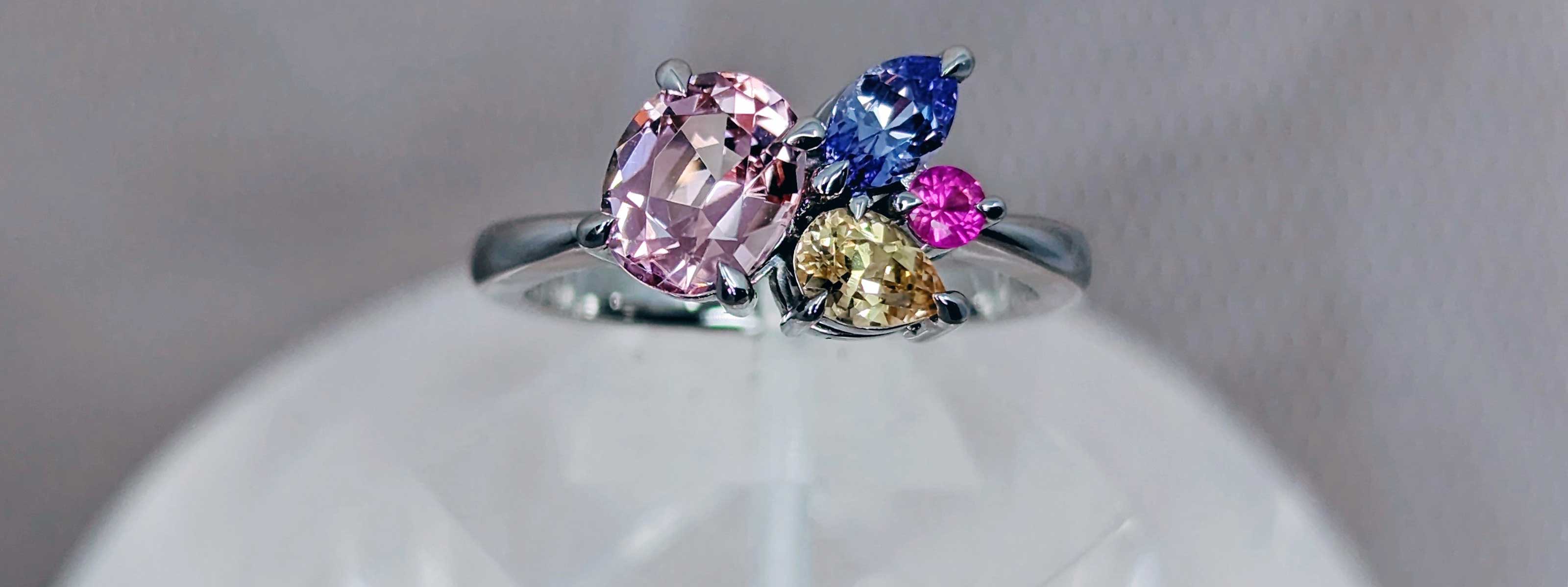 Unique jewellery - Tourmaline sapphire cluster ring in platinum, made by Sydney jeweller Fairina Cheng