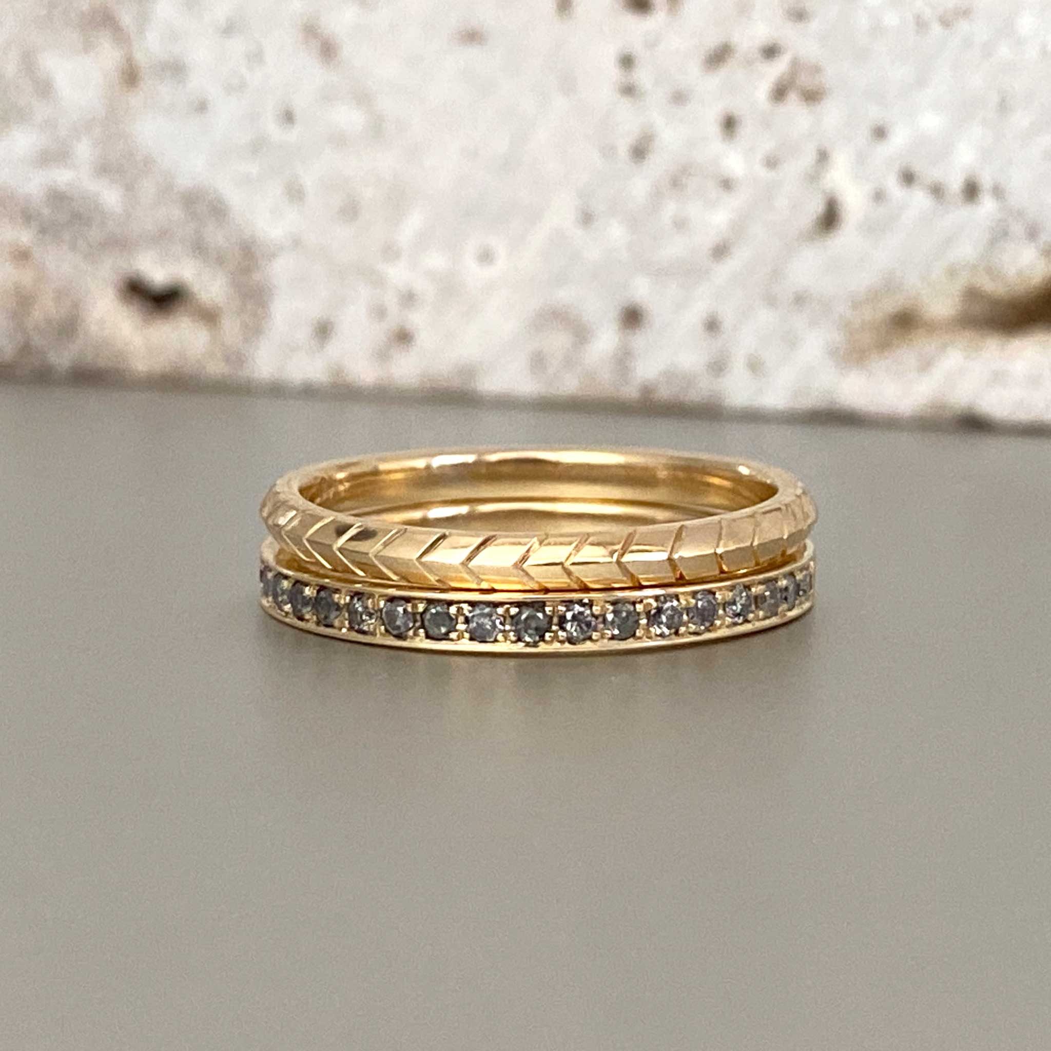 Unique gold and diamond eternity stacking rings