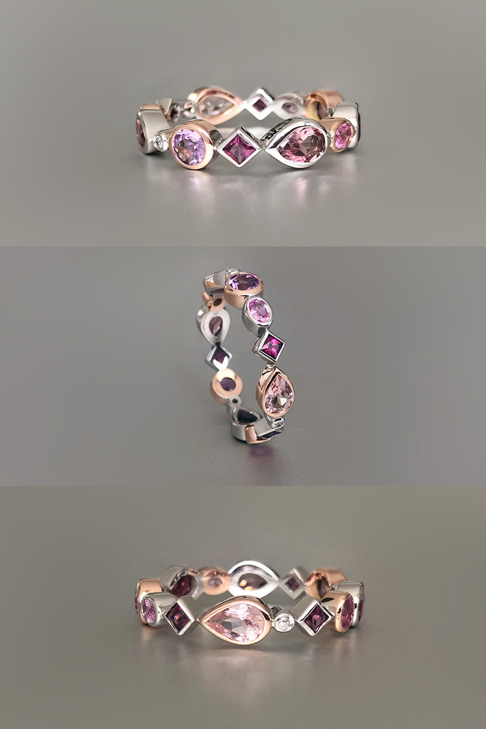 White gold and rose gold ring with different gemstones