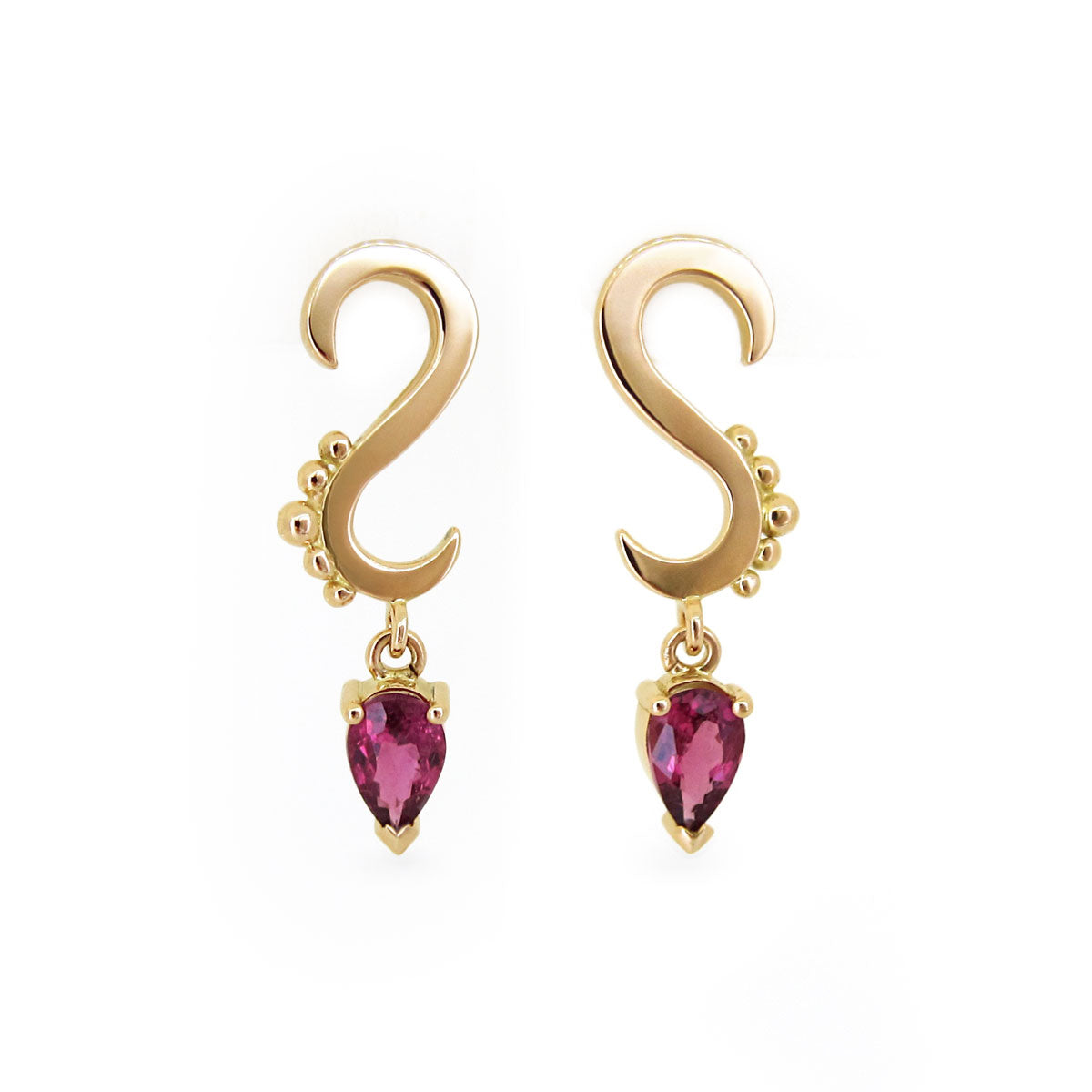 Yellow gold granule earrings pink tourmaline