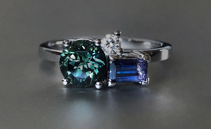 Australian sapphire, Tanzanian sapphire and diamond alternative engagement ring