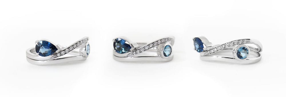 Alternative engagement rings in sapphire, aquamarine, white gold and diamonds