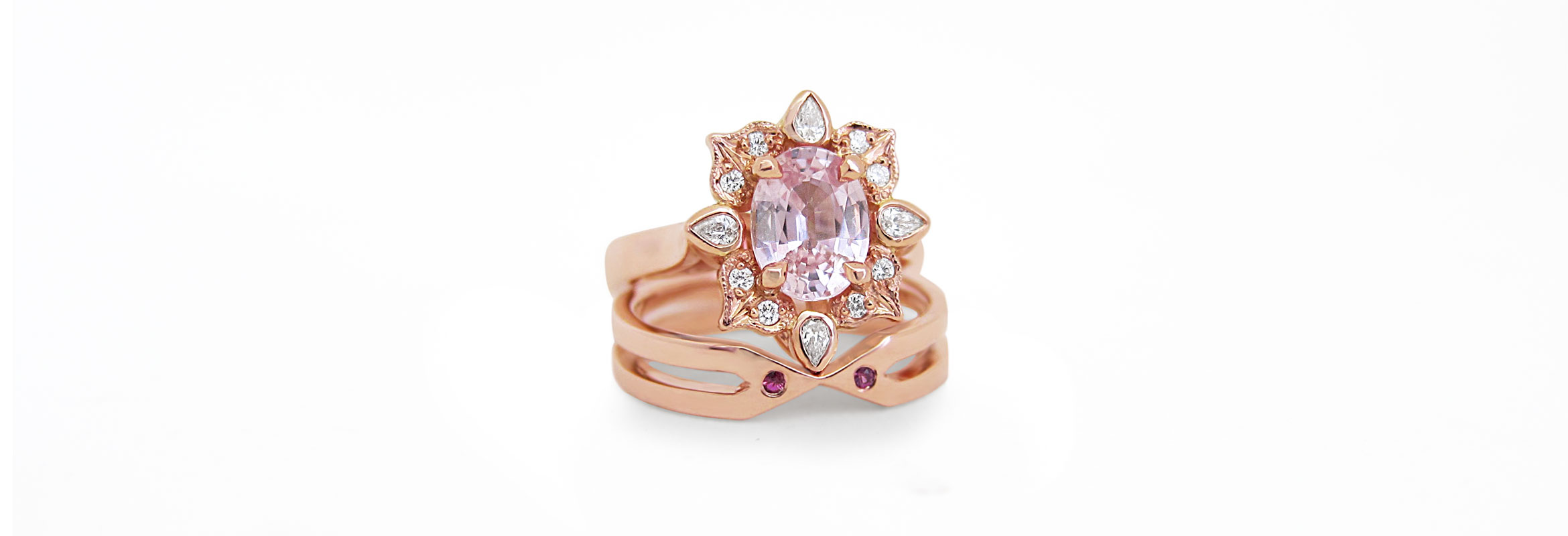 Unique pink sapphire engagement ring in rose gold with diamonds, made by Sydney jeweller Fairina Cheng