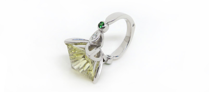 Lemon quartz dress ring with diamonds and tsavorite garnets