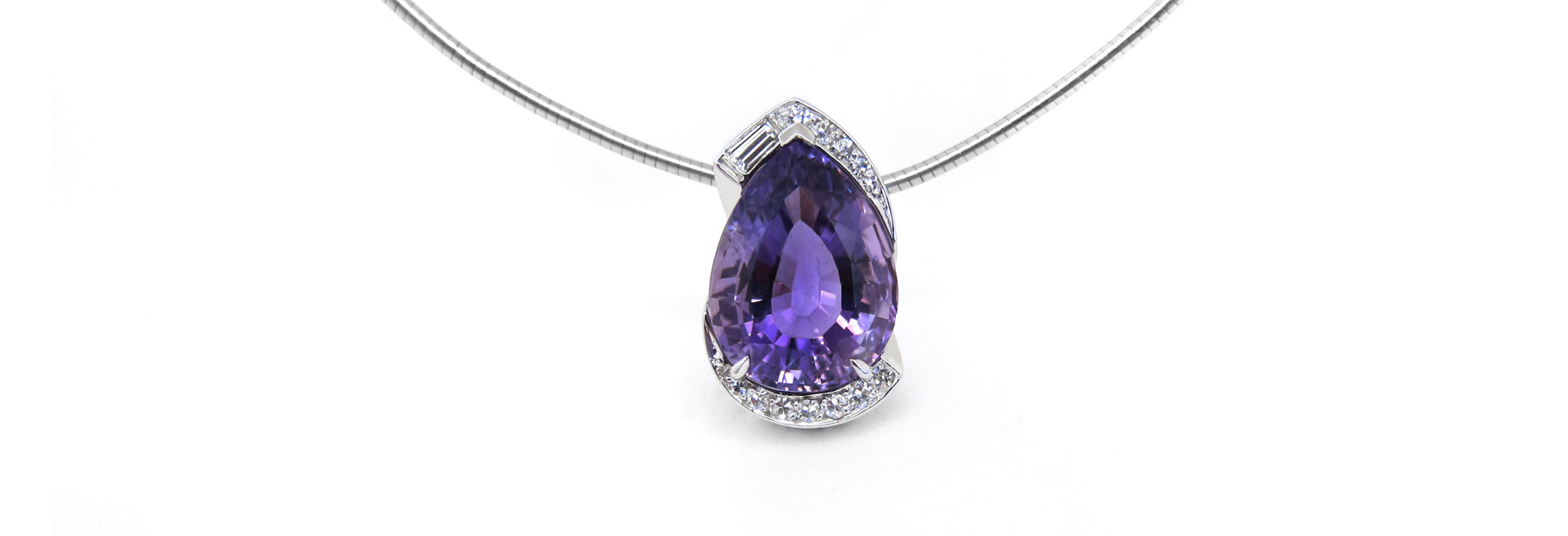 Bespoke pear amethyst necklace in white gold and diamonds, made in Sydney