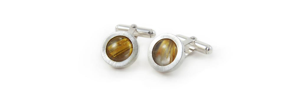 Customised rutilated quartz cufflinks in solid sterling silver, made in Sydney