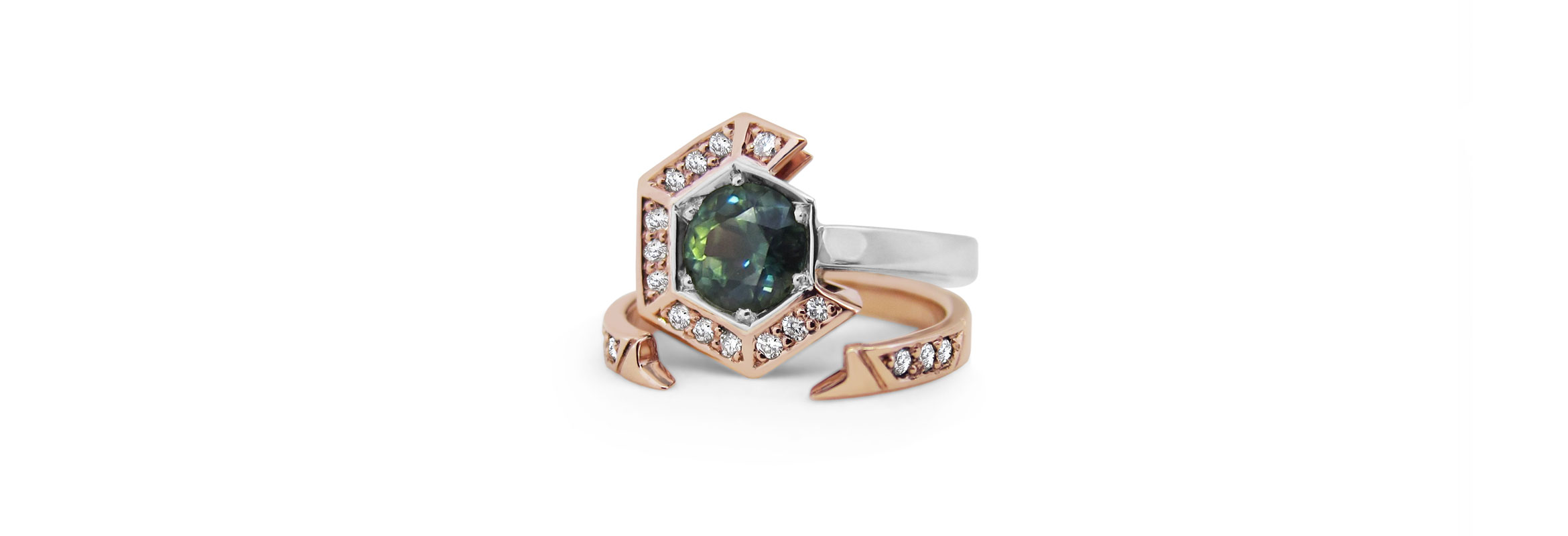 Rose gold hexagon sapphire custom engagement and wedding ring set