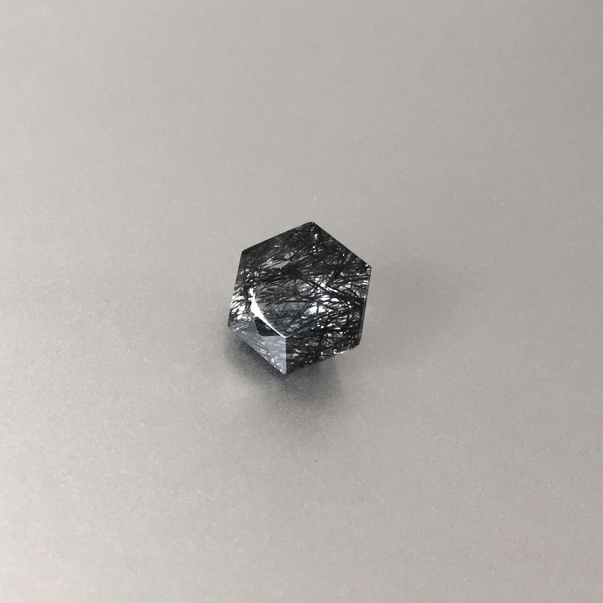Black hexagon tourmalinated quartz for unique geometric ring
