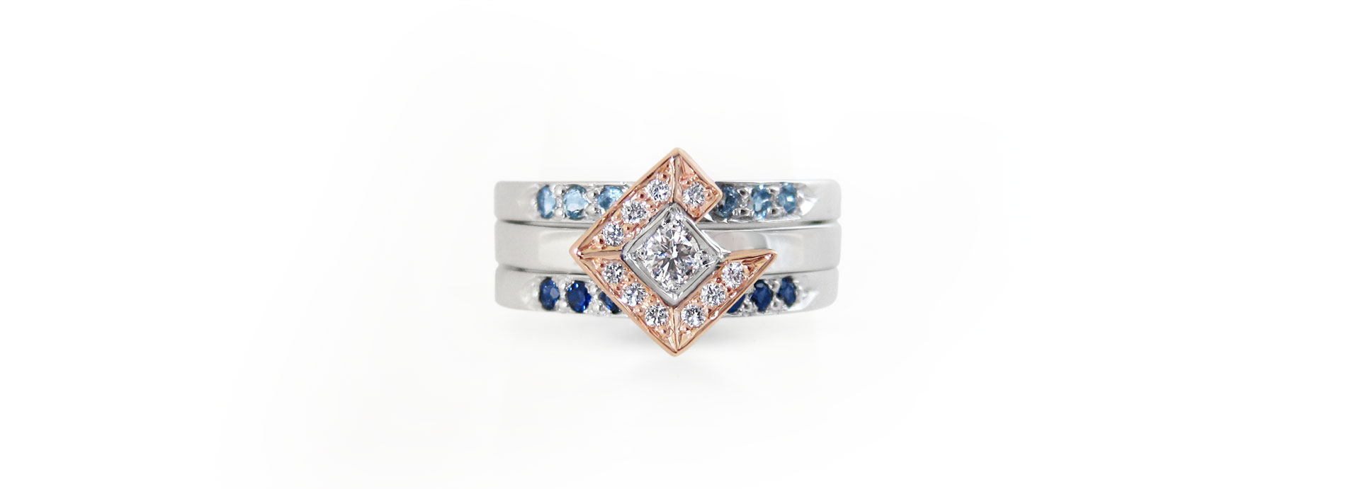 Rose gold, white gold, aquamarine, diamond and sapphire engagement ring set