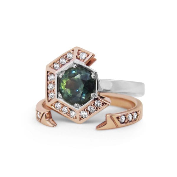 Hexagon sapphire engagement ring in rose gold, white gold and diamonds, handmade by Sydney jewellery designer, Fairina Cheng