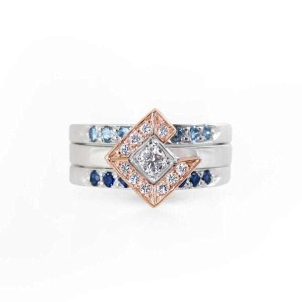 Rose gold, white gold, diamond, sapphire and aquamarine custom ring