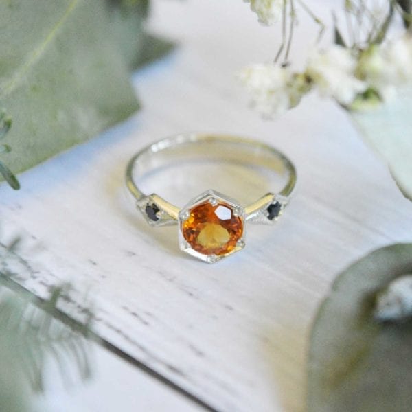 Citrine engagement ring with black diamonds and white gold
