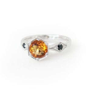 Hexagon custom vintage inspired engagement ring with citrine and black diamonds