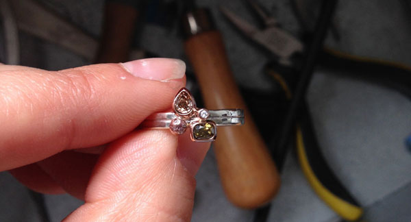Custom coloured pear diamond ring