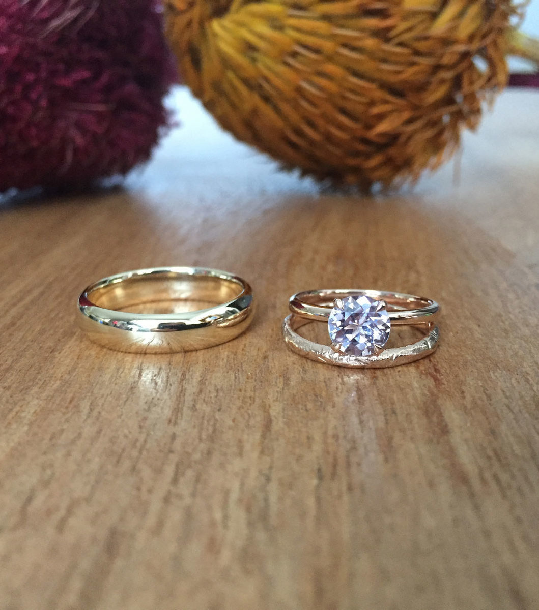 Alternative engagement rings - Pink sapphire and rose gold engagement ring with a yellow gold wedding band