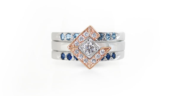 Rose gold, white gold, diamond, sapphire and aquamarine stacking ring set