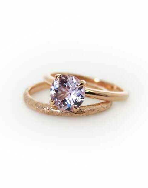 Pink sapphire rose gold engagement and wedding rings